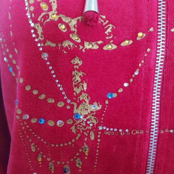 Y2K BCBG Maxazria Red Velour Zip Hoodie w/Rhinestones Size L - Picture 5 of 13